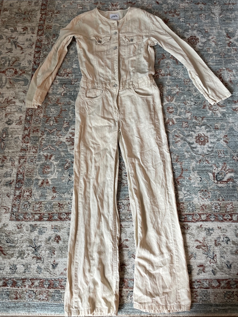 Zara Cream Long-Sleeve Cotton Jumpsuit